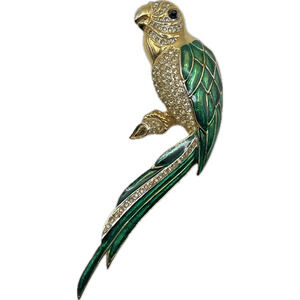 D'Orlan Rare 4" Macaw Parrot Bird Brooch Pin 1970's Green Enamel Rhinestone